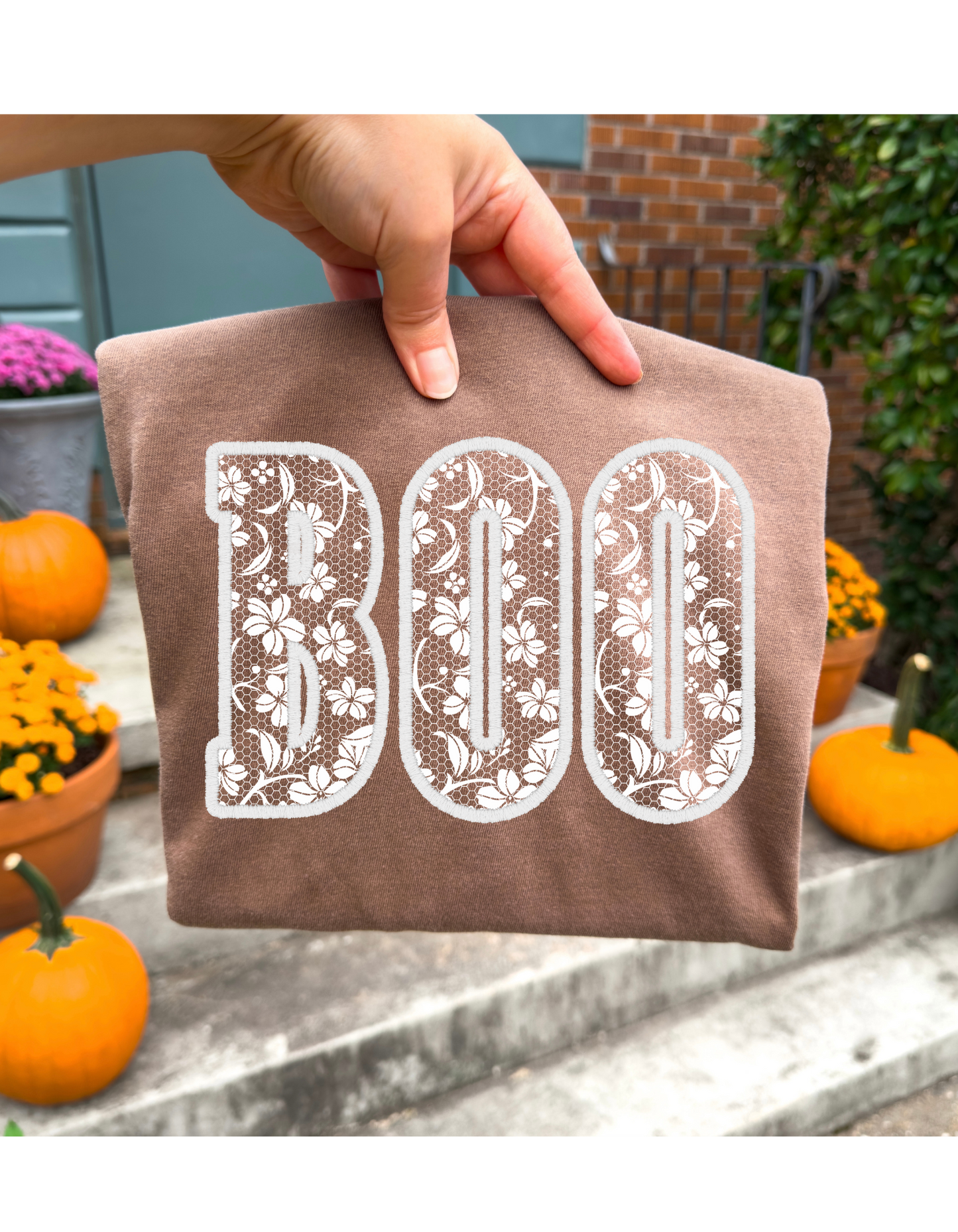 Boo Faux Lace Design Short or Long Sleeve T Shirt