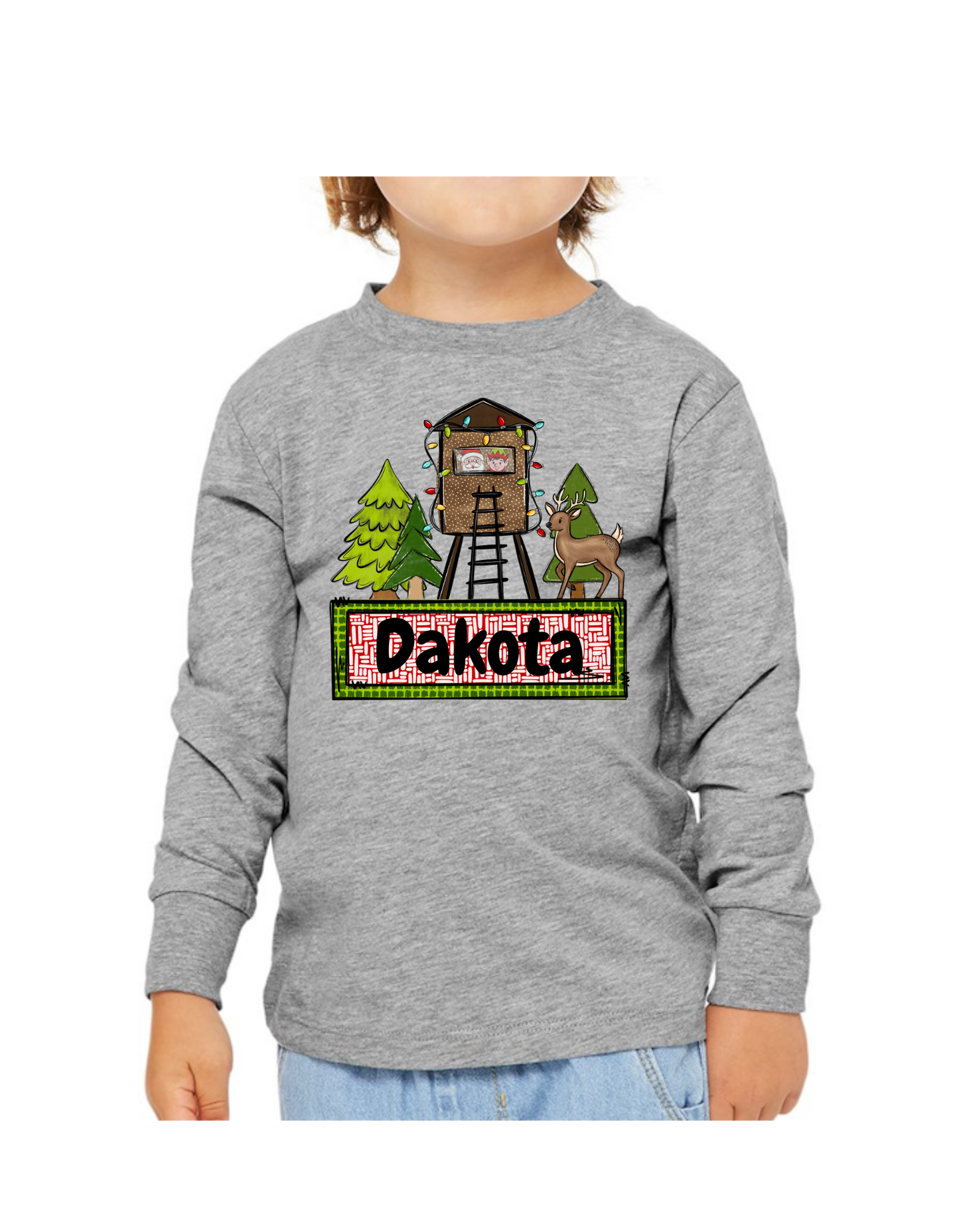 Personalized Boy Deer Stand Christmas Design in Long Sleeves or Sweatshirt