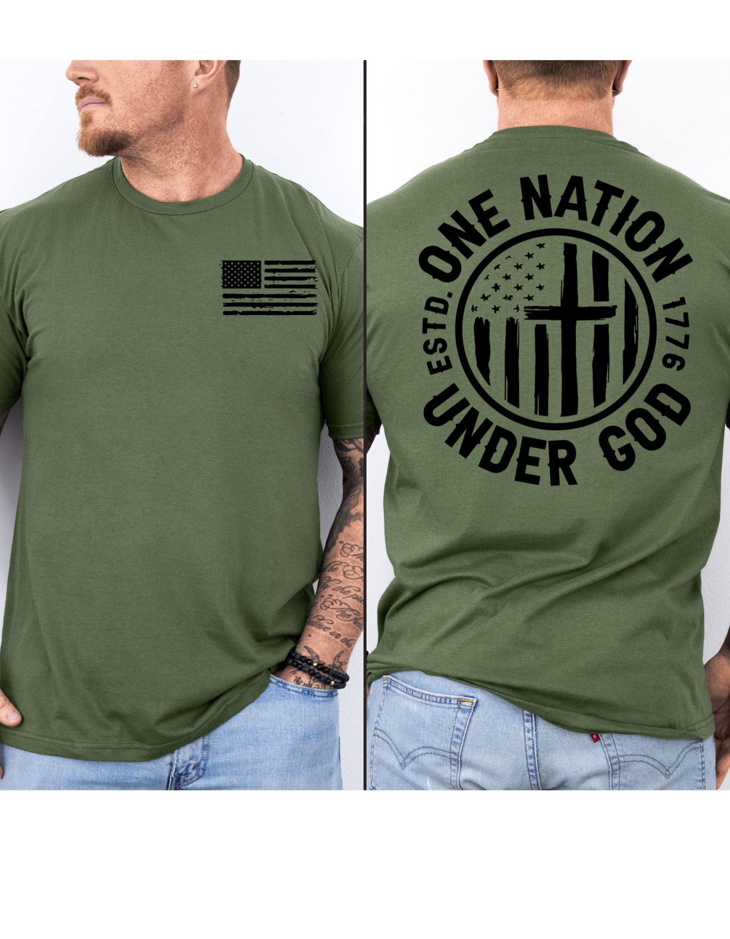 One Nation Under God Military Green T Shirt or Hoodie