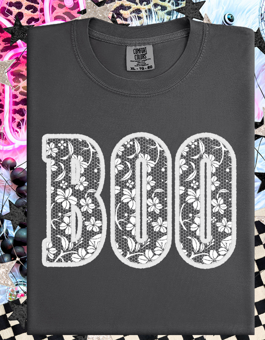 Boo Faux Lace Design Short or Long Sleeve T Shirt