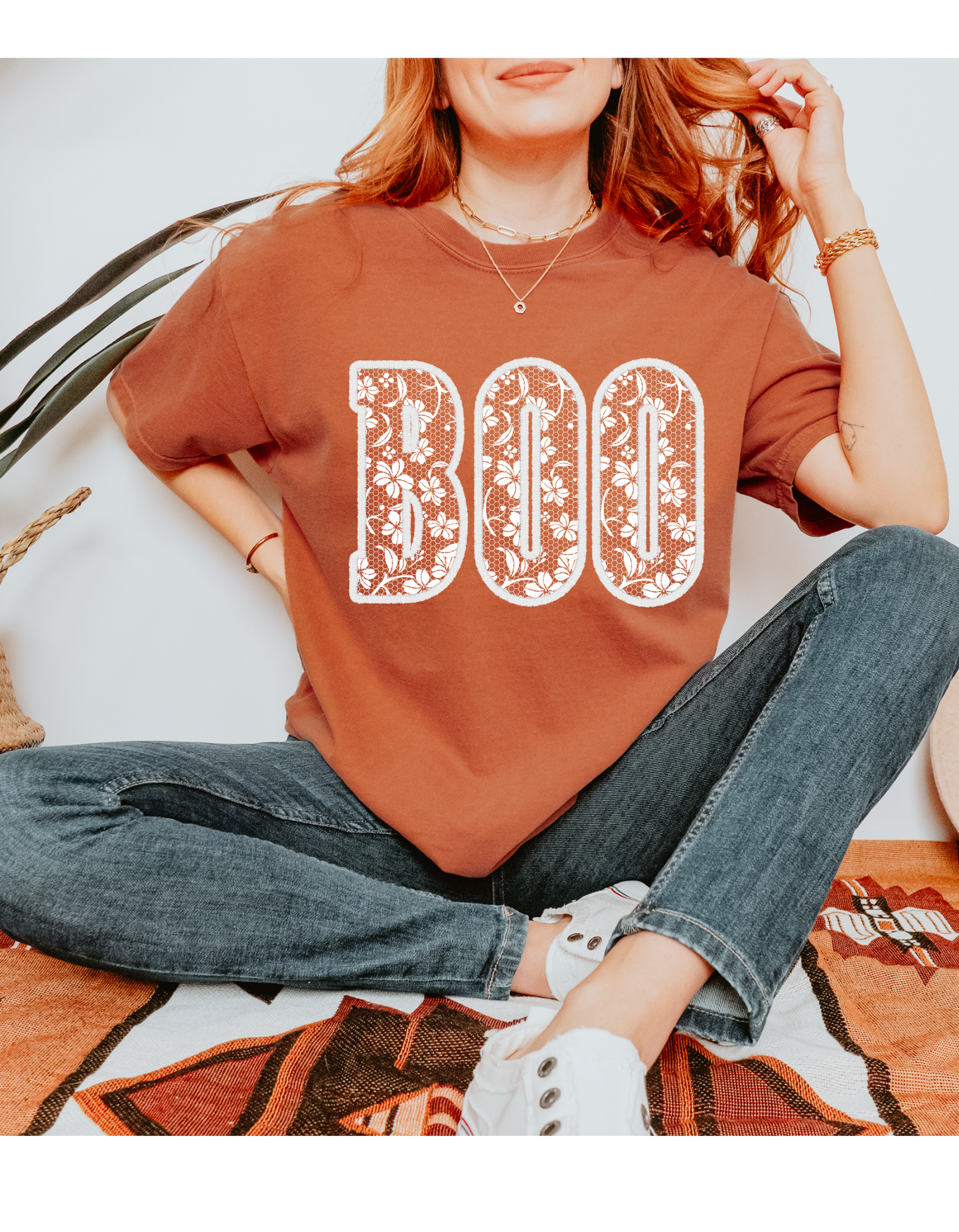 Boo Faux Lace Design Short or Long Sleeve T Shirt