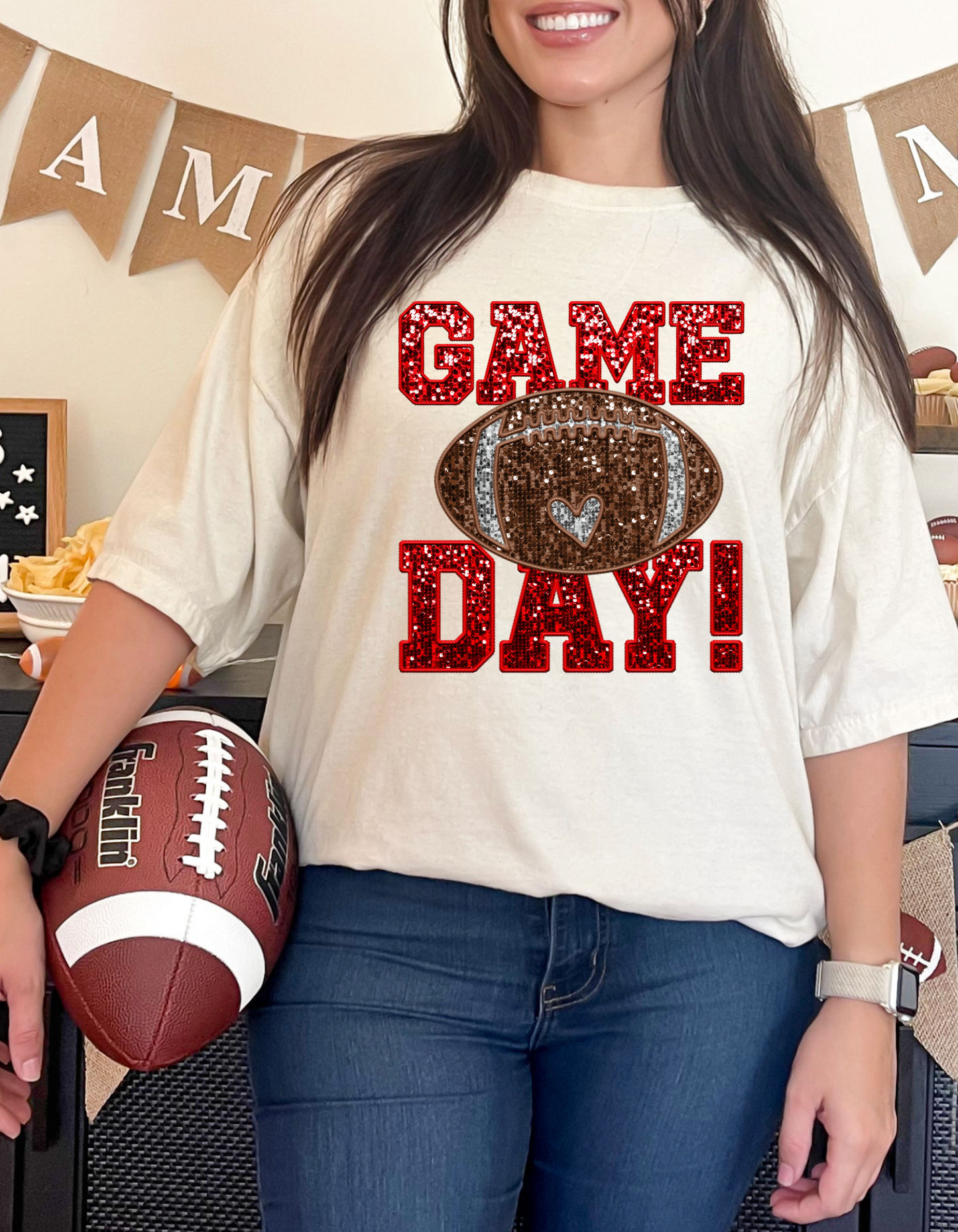 Football Game Day Faux Glitter Short or Long Sleeve T Shirt