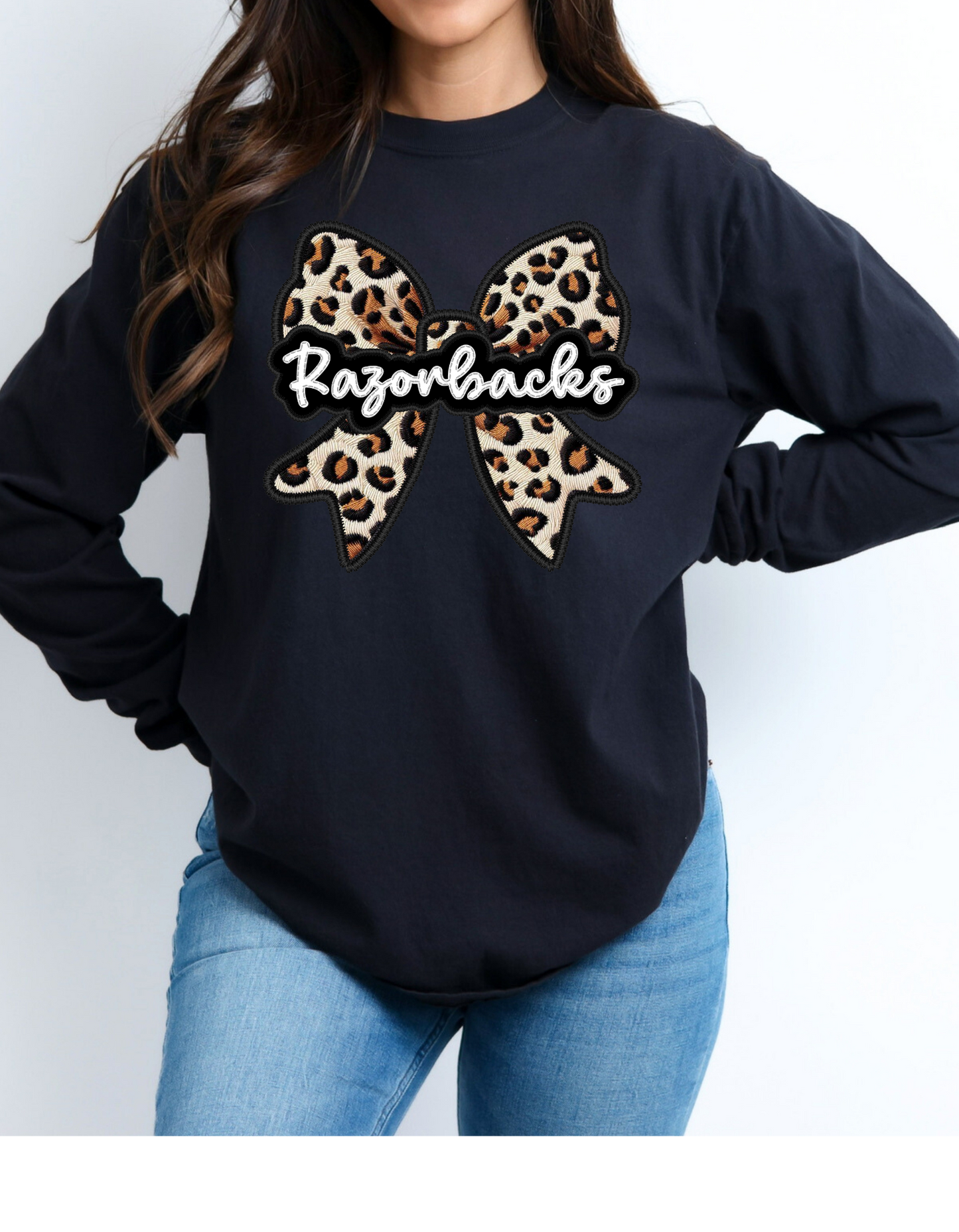 Razorbacks Leopard Bow Long Sleeve Shirt or Sweatshirt