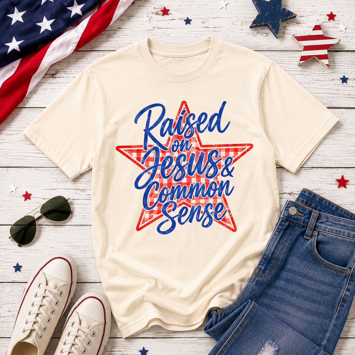 Raised On Jesus & Common Sense Tank Top or T Shirt