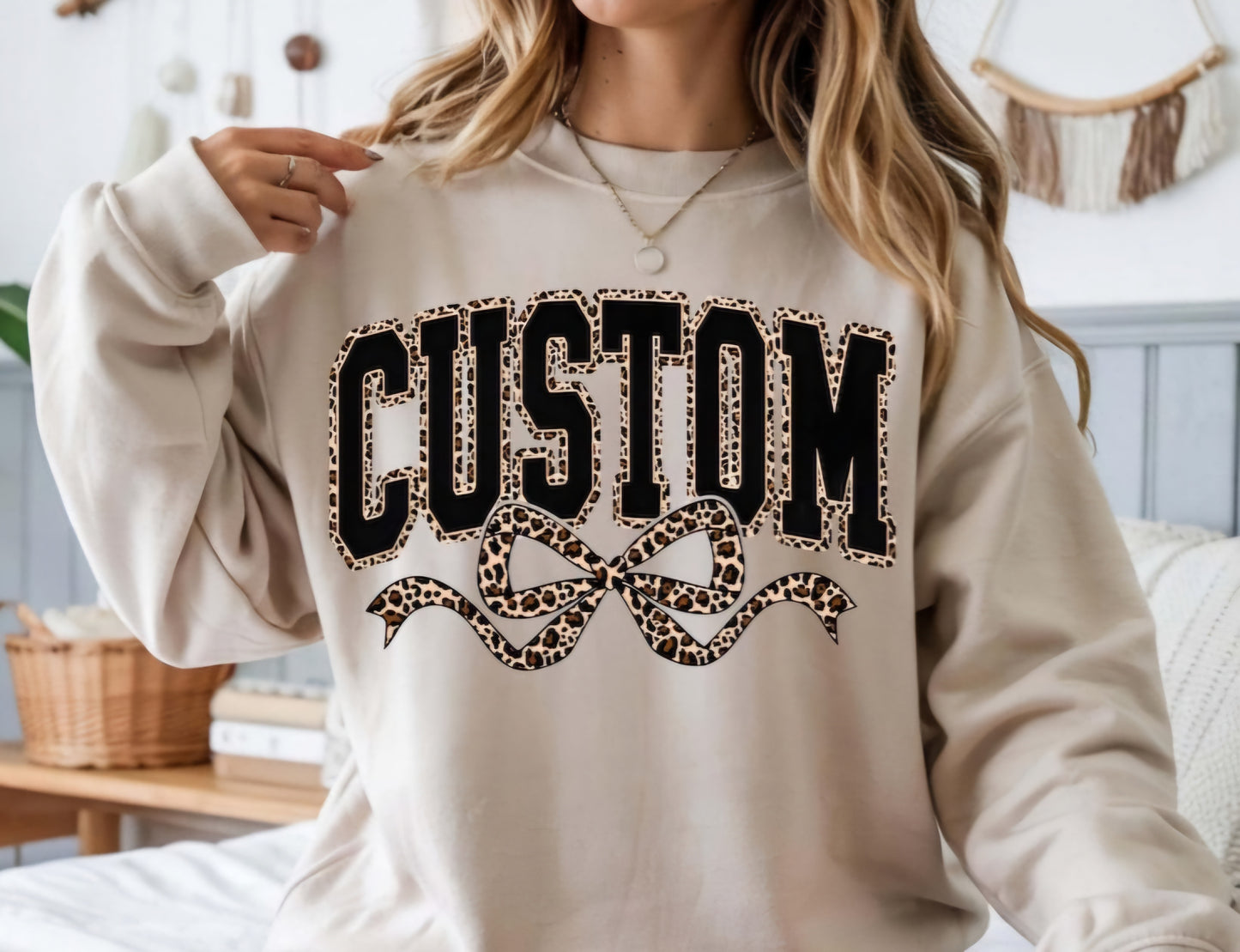 Personalized Leopard Print Bow Short/Long Sleeve or Sweatshirt