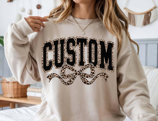 Personalized Leopard Print Bow Short/Long Sleeve or Sweatshirt